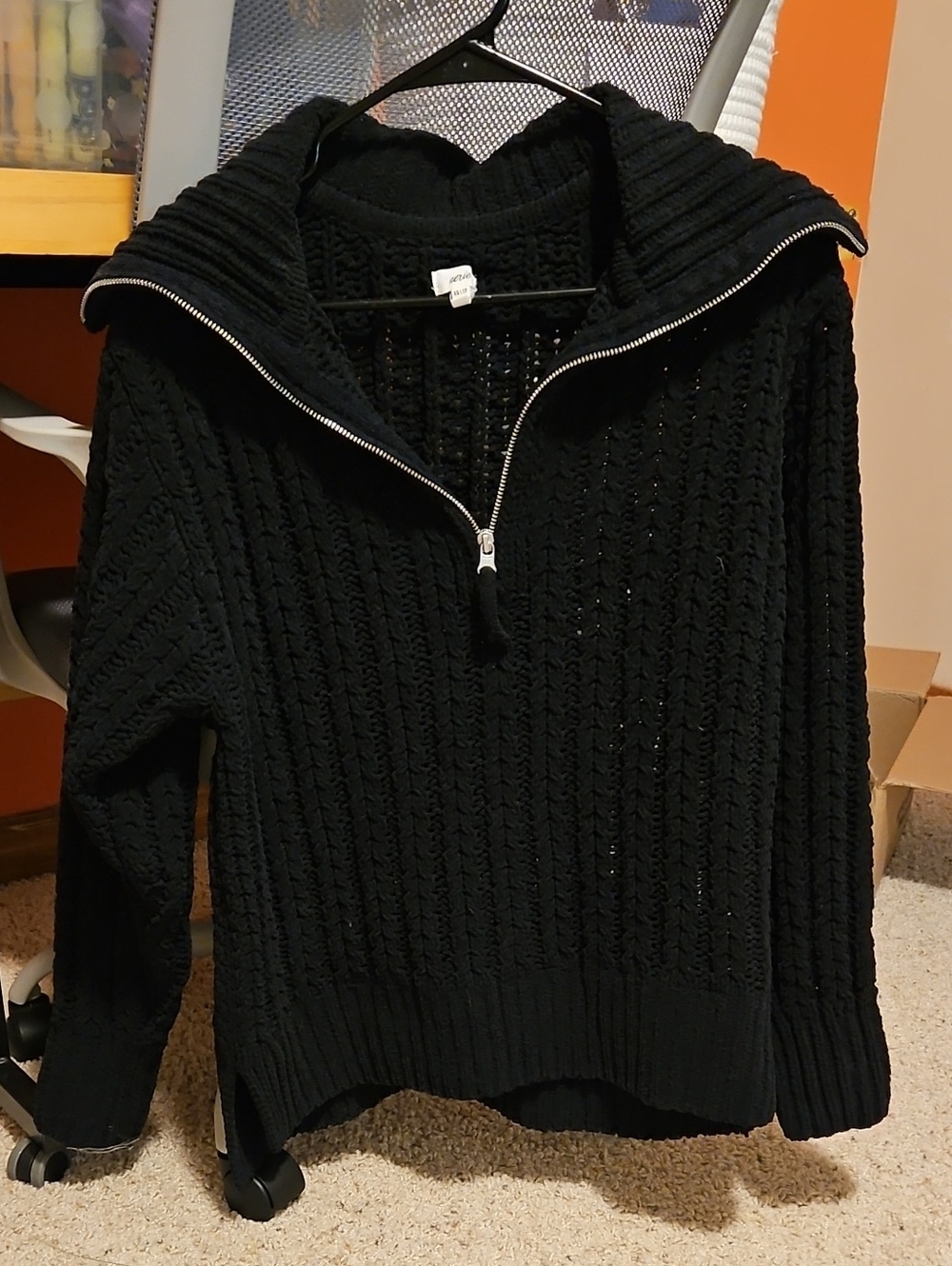 aerie Black Cable Knit Half-Zip Turtleneck Sweater